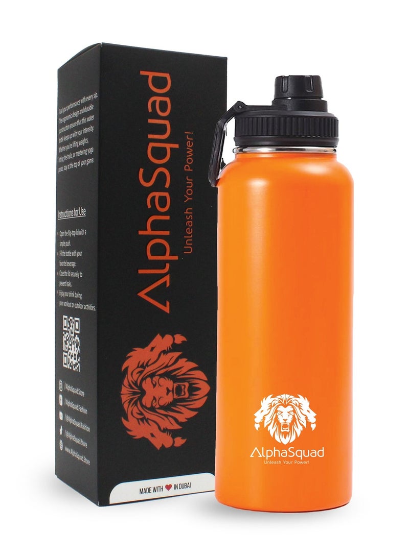 ALPHASQUAD 40Oz / 1200Ml Vacuum Insulated Flask, Double Walled Thermolab Series Stainless Steel Sports Water Bottle With Straw Lid, 2 Lids Included, Hot Cold Thermos, Sports Bottle (Orange) - Image 1